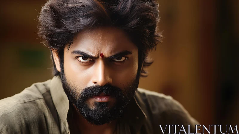 Intense gaze of a determined man in warm golden light.