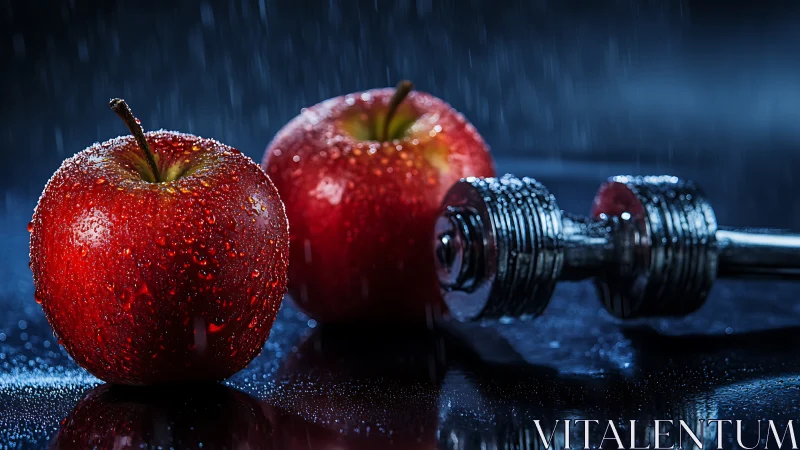 Red apples with water droplets beside metal dumbbell on surface.