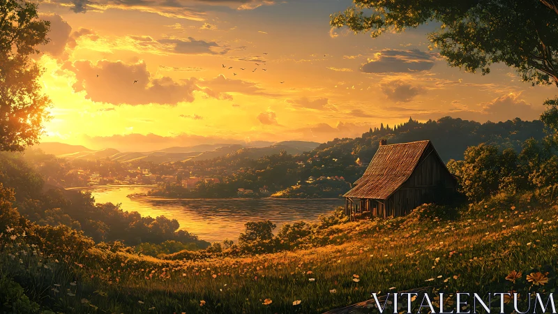 Solitary wooden cabin overlooks glowing lakeside valley sunset