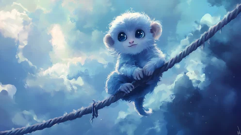 Blue-eyed baby monkey grips rope under glowing clouds.