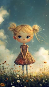 Sky-dreaming girl steadies a wildflower meadow with wonder