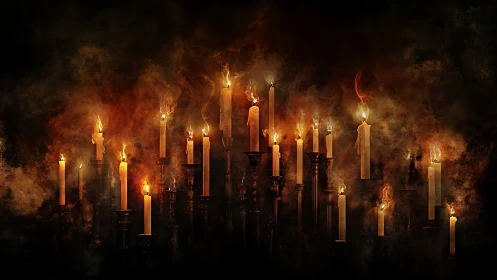 Digital painting of ritual candles in atmospheric chiaroscuro.