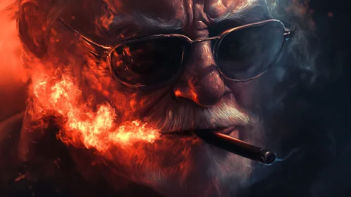 Elderly man with flaming cigar exhales surreal firestorm.