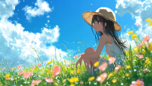 Girl in straw hat sitting in bright summer wildflower field.