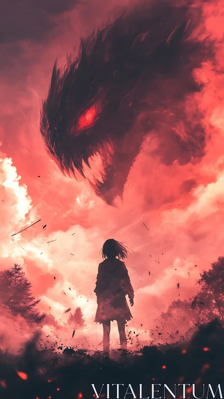 Silhouetted figure confronts colossal red spectral dragon