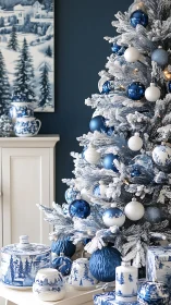 Snow-dusted blue and white Christmas tree in interior setting.