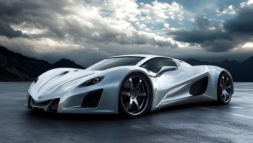 White concept supercar on wet asphalt under cloudy sky.