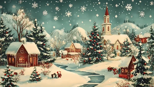 Snowy Christmas village glows under softly falling snowflakes