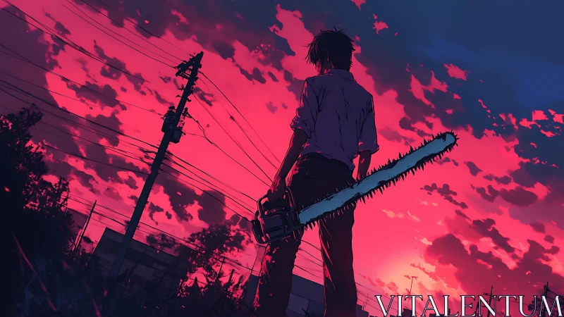 Silhouetted man wields chainsaw under vivid crimson sky