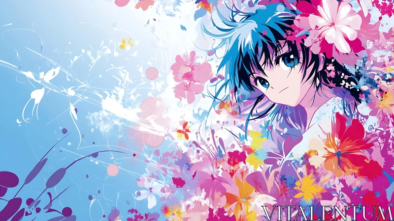 Vibrant anime portrait immersed in abstract floral bloom.