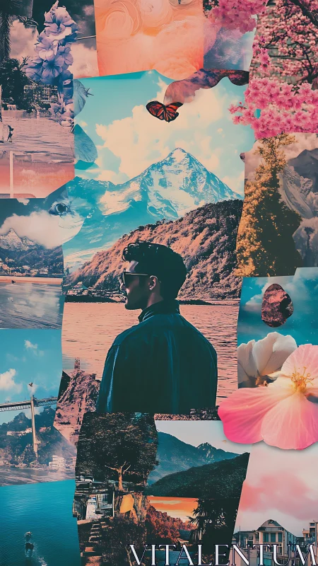 Surreal travel collage with male silhouette and alpine landscape