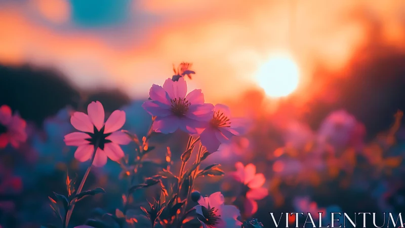 Backlit Pink Cosmos Flowers at Golden Hour Sunset.