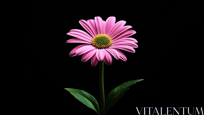 Pink Gerbera Daisy with Green Stem and Leaves Against Black Background