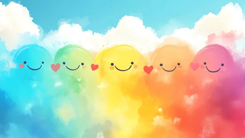 Row of colorful smiling clouds under bright sky period