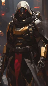 Hooded alloy revenant stalks neon alleys of tomorrow.