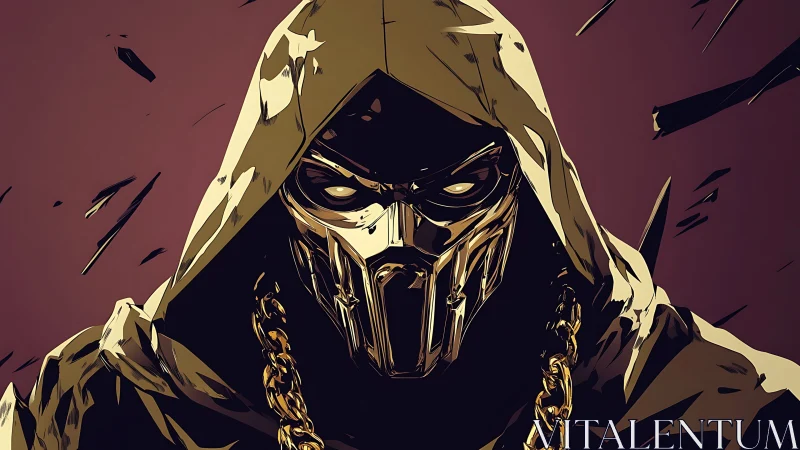 Hooded skeletal warrior with metallic mask and gold chain