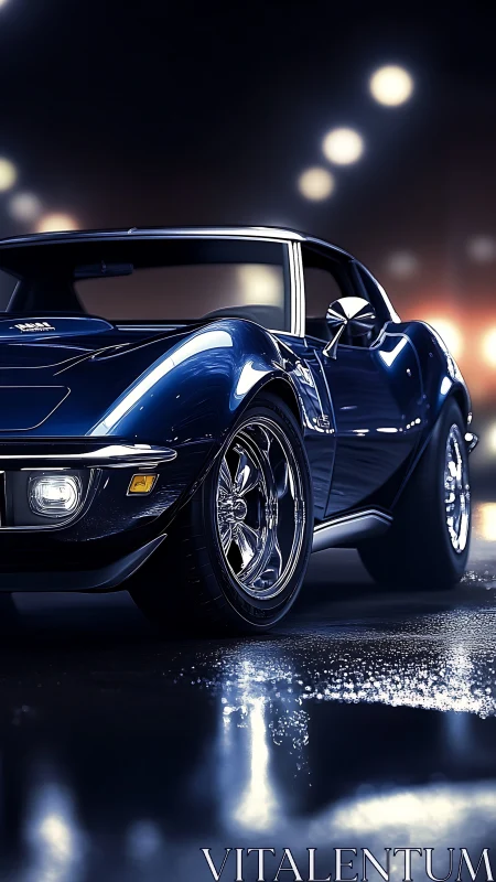 Sleek midnight muscle car glows against blurred city lights