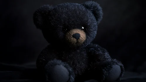 Studio portrait of plush black teddy bear with soft rim light.