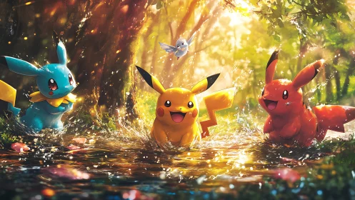 Colorful electric creatures playing in bright forest stream.