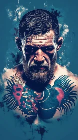 Tattooed fighter portrait with intense downward gaze.