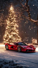 Crimson supercar pauses by a glowing winter tree.