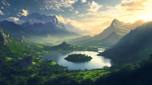 Sunlit mountain valley with central island lake landscape.
