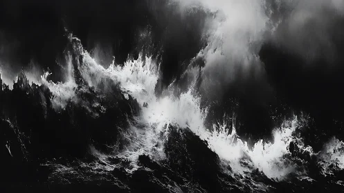 Monochrome storm surge seascape in high-contrast study.