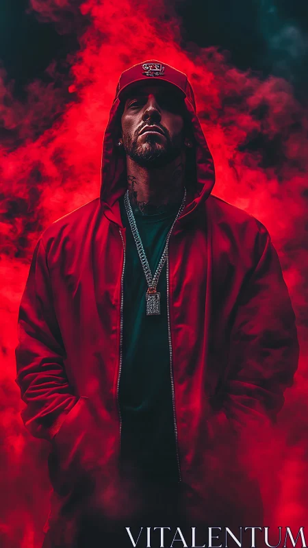 Chromatic hooded portrait in high-contrast red vapor field.