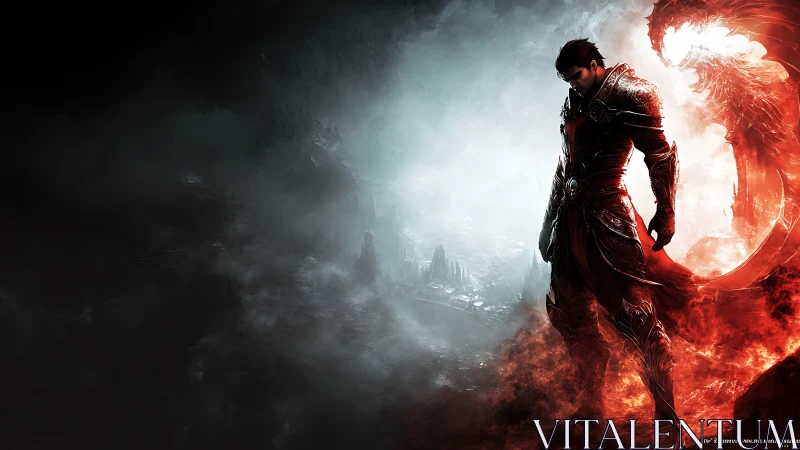 Fire warrior against spectral dragon in burning void.