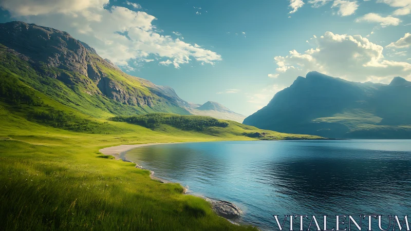 Mountain lake curves along bright grassy valley shoreline
