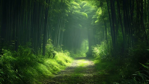 Sunlit Bamboo Forest Pathway Glowing with Green Light