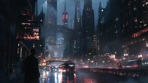 Rain soaked cyberpunk city street with neon towers at night.