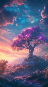 Starblossom tree under cotton candy nebula skies.