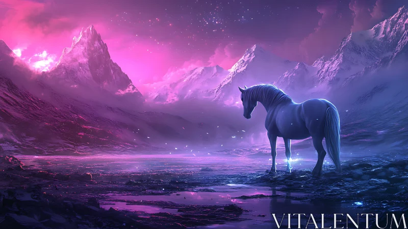 Luminous horse stands in a neon twilight mountain dreamscape