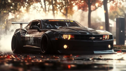Modified black Chevrolet Camaro SS is parked in autumn street
