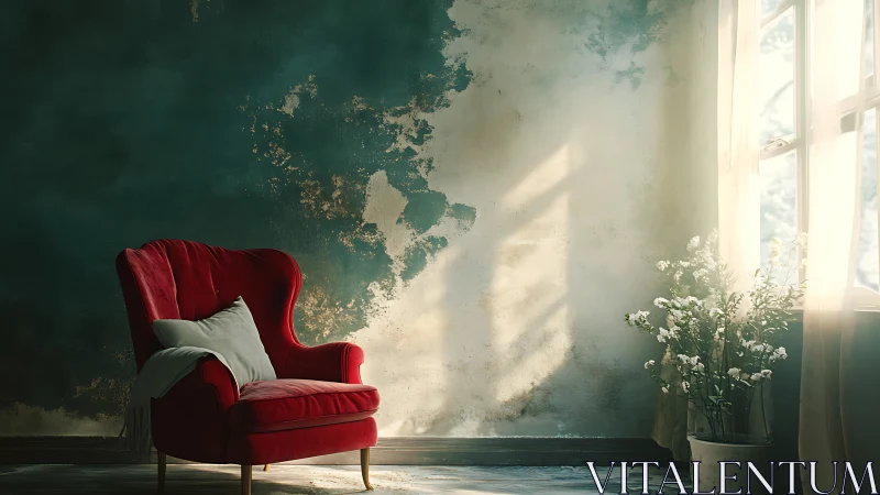 Red velvet armchair in sunlit vintage interior corner.