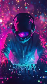 Hooded DJ at neon console under vivid glowing lights.