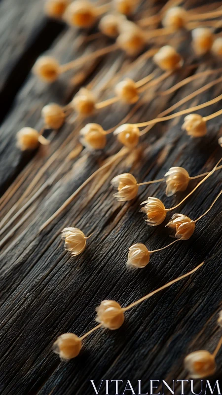 Dried seed pods scattered across dark wooden surface.