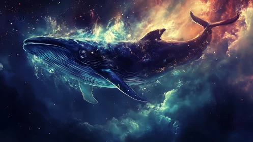 Celestial whale glides through nebular cosmos in radiant light.