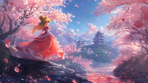 Princess figure observes cherry blossom valley and distant castle