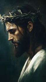 Side-profile painted portrait of man with thorn crown