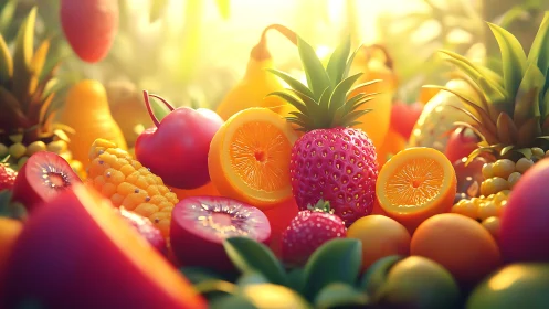 Highly saturated 3D render displays stylized tropical fruit cluster
