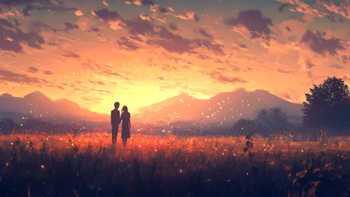 Silhouetted couple in glowing sunset meadow before mountains