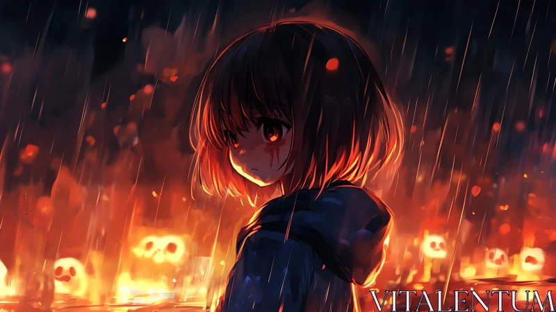 Rainlit girl before burning field with spectral embers.