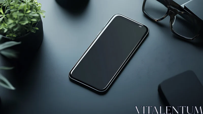 Smartphone with black frame on gray surface with accessories.