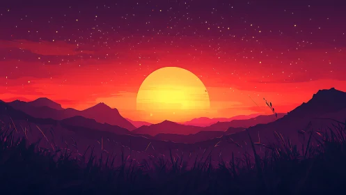 Vibrant digital sunset over layered mountain silhouettes