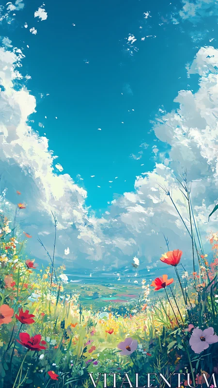 Vast vertical meadow vista under cumuliform sky with saturated hues