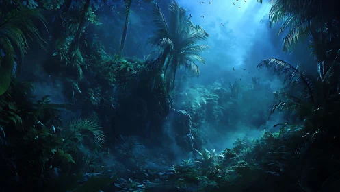 Submerged tropical environment with layered palm vegetation