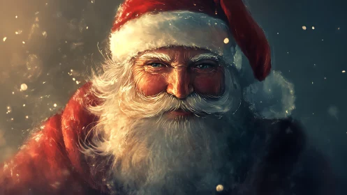 Warm close-up portrait of Santa Claus in snowy glow.
