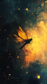 Silhouetted dragonfly ascends through cosmic golden nebula.